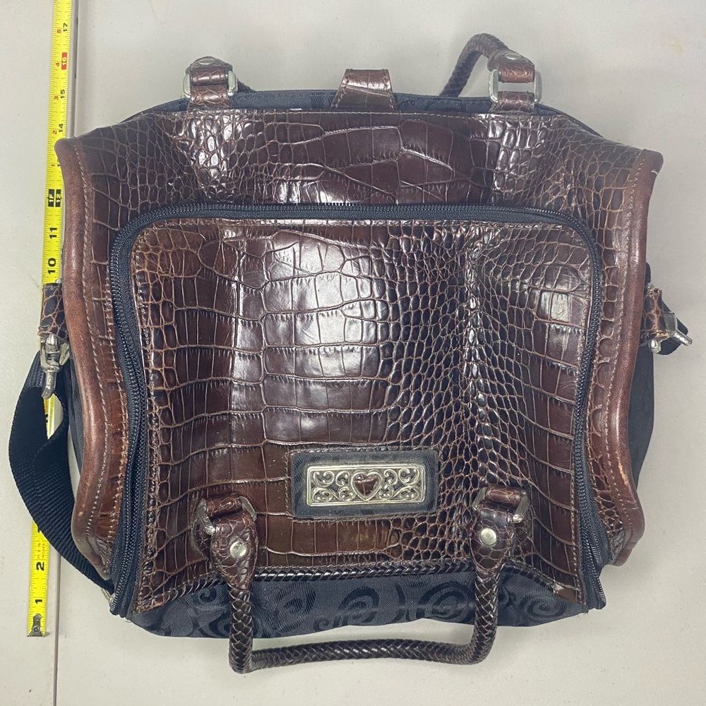 Brighton Lansky Black & Brown Croc Embossed Leather Weekender Travel Duffle Bag